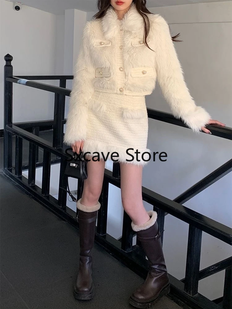 2023 Inverno Kawaii Giapponese 2 Pezzi Gonna Set Donne Outwear Casual Vintage Cardigan Cappotti + Dolce Office Lady Midi / Minigonna