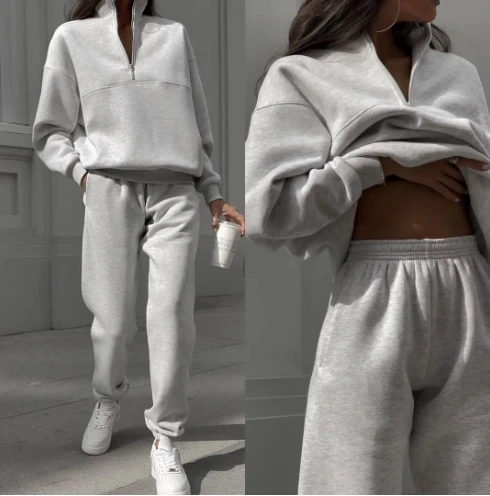 

Sporty Women's Two Piece Set Thick Long Sleeve Zipper Lapel Solid Color Hoodie Pullover Loose Pocket Sports Pants Tracksuit