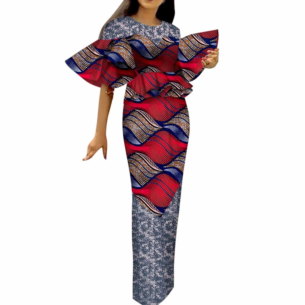 

Elegant Women African Outfits Set 2 Pieces Short Sleeves O-neck Ad Long Skirts Women Party Suits African Print Skirts Set WY6741