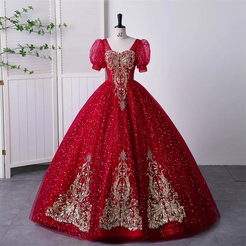 wine red/champagne beading fairy ball gown court medieval dress renaissance Gown queen Victorian /Marie/drama/