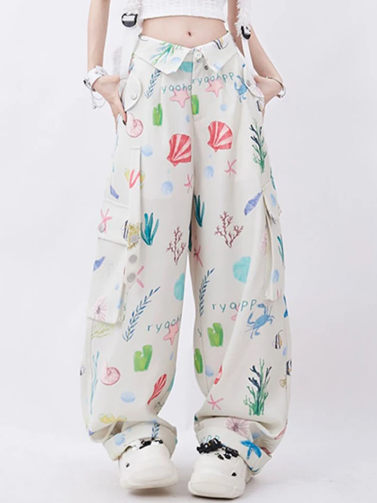 

Retro creative pattern full print work pants for children in summer, fold over waist, slim fit, wide leg, multi pocket pants