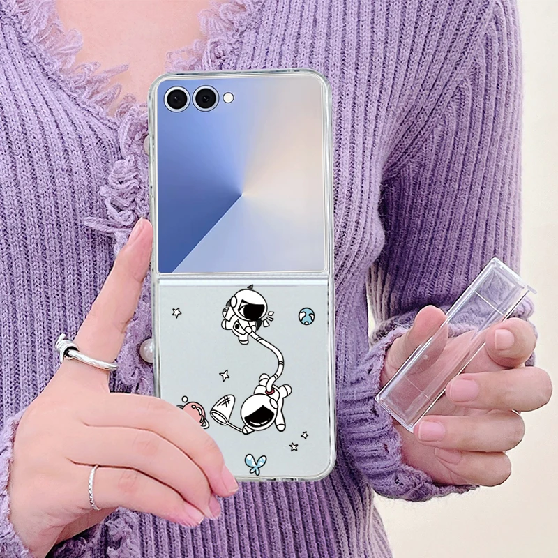 우주비행사 패턴 접이식 폰 케이스 삼성 갤럭시 Z 플립 7 6 5 4 3 5G 투명 하드 PC 커버 삼성 Z 플립4 플립6 플립5 용