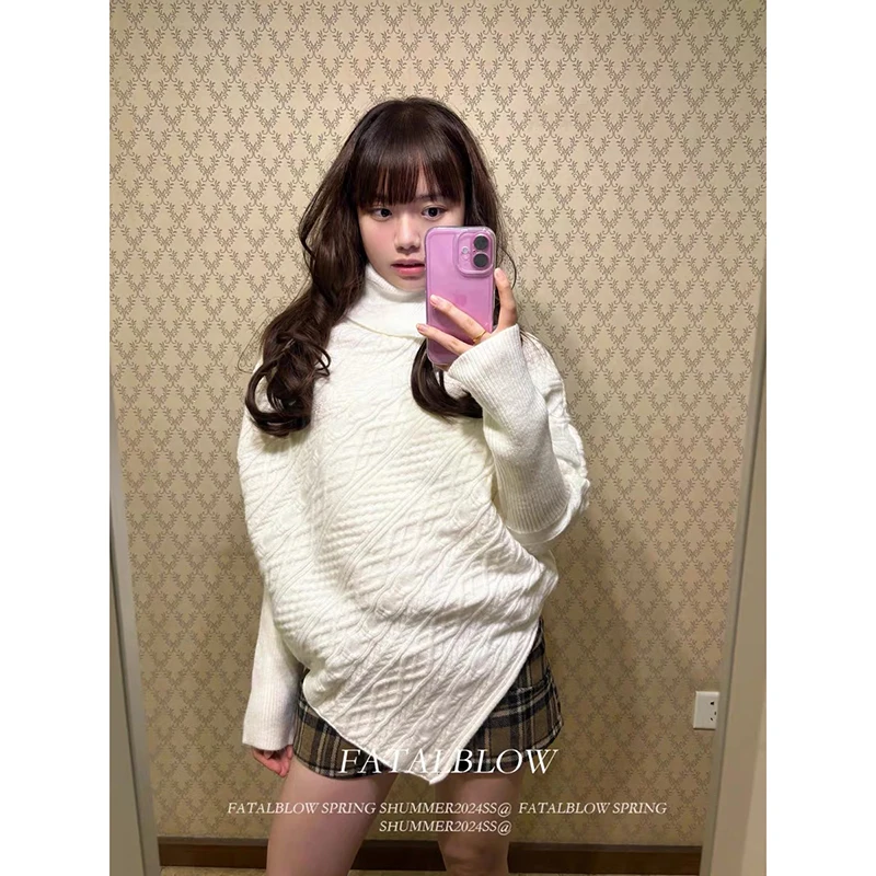 

YIBASHU Women White Turtleneck Pullover Sweater Y2k Vintage 2000s Soft Cozy Jumper Knit Long Sleeves Korean Sweater Autumn Winte