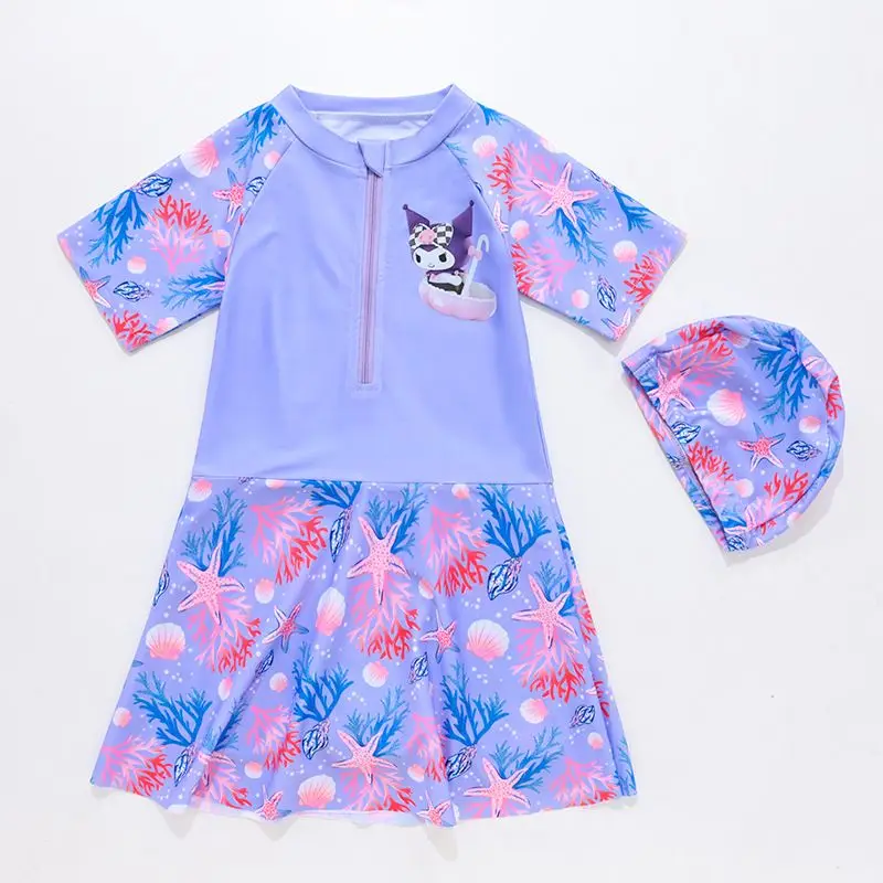 Sanrios-bañador Kawaii Kuromi para niñas, traje de baño de dibujos animados, falda de vacaciones, ropa de playa, traje de baño de secado rápido, protector solar de verano