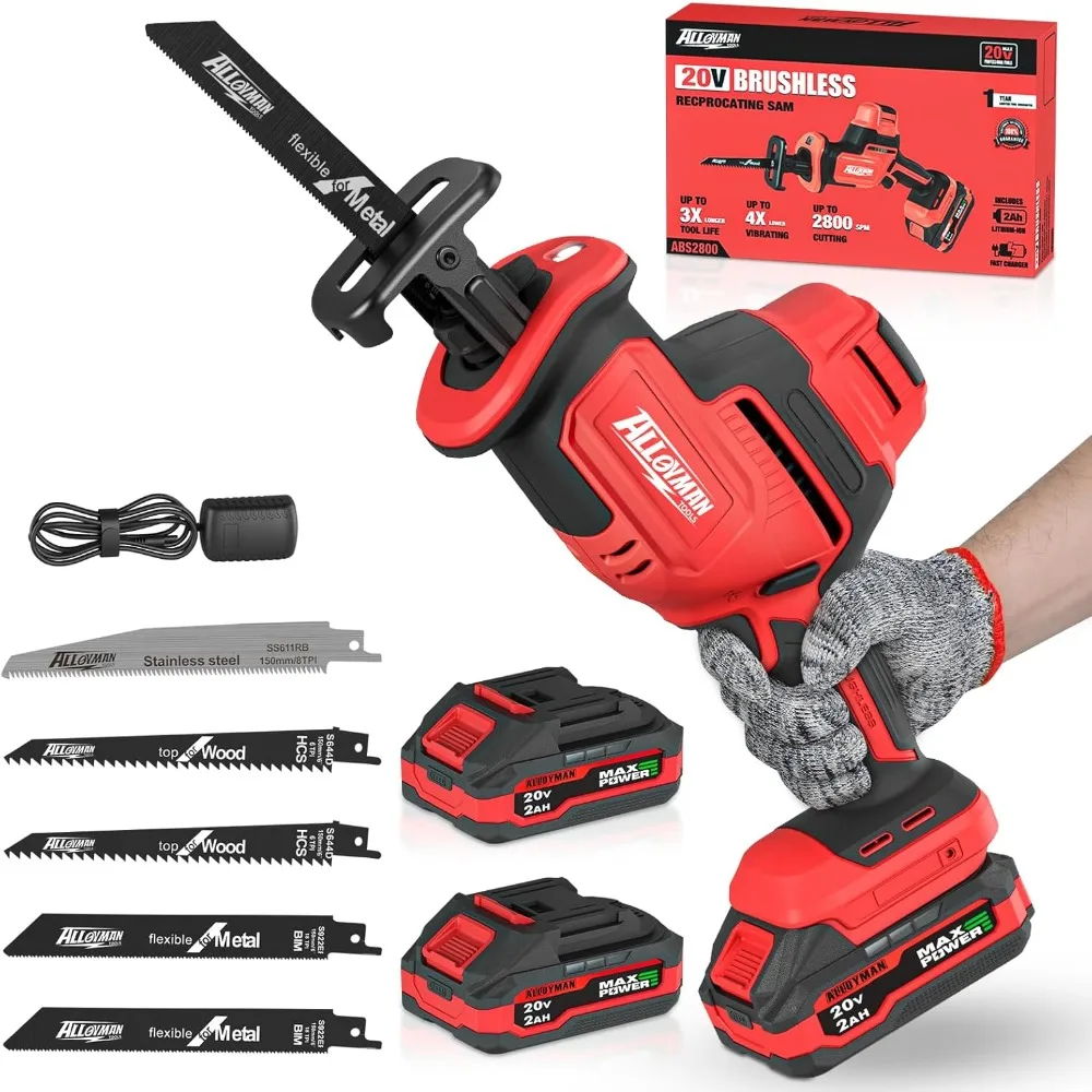 

Reciprocating Saw,20V Brushless Cordless Battery Power Saw,w/ 2 X 2.0Ah Batteries & Charger,for Wood Metal PVC Pipe Tree Cutting