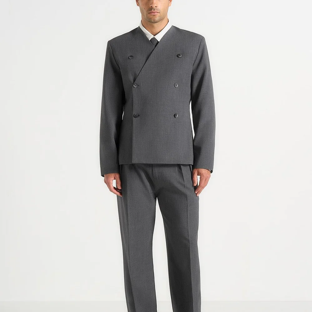

Классический серый костюм для мужчин, двубортный элегантный комплект одежды, прямой деловой повседневный свадебный костюм из двух предметов, куртка, брюки