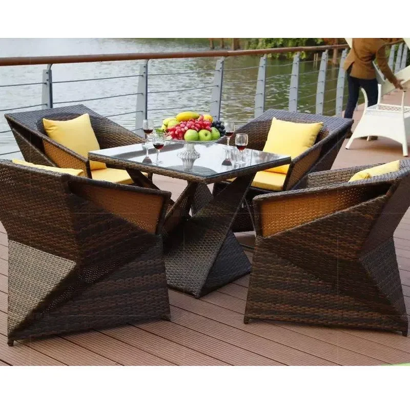 for Outdoor Rattan Furniture Set 3 5 Piece Patio Wicker Chair and Tea Table Modern Courtyard Balcony Living Room Leisure