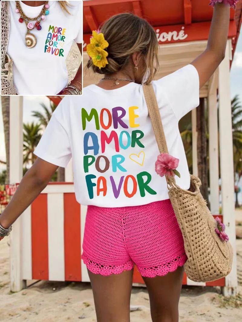 

More Amor Por Favor DopamineT Shirt Letter Heart Print Casual Loose Streetwear Daily Wear Short Sleeve Summer Vacation Top