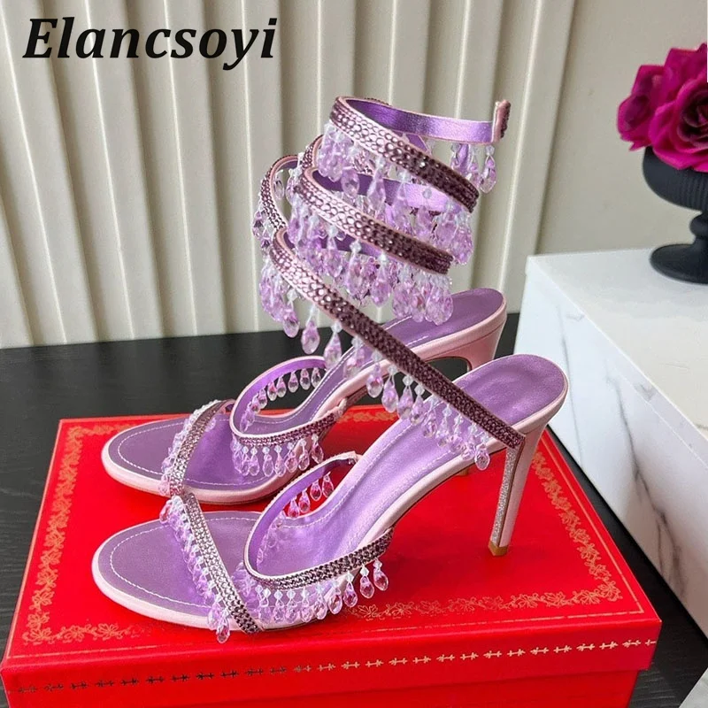 Thin High Heels Sandals Women's Bling Crystal Tassel Pendant Snake Shaped Winding Party Shoes Summer Sexy Gladiator Sandalias