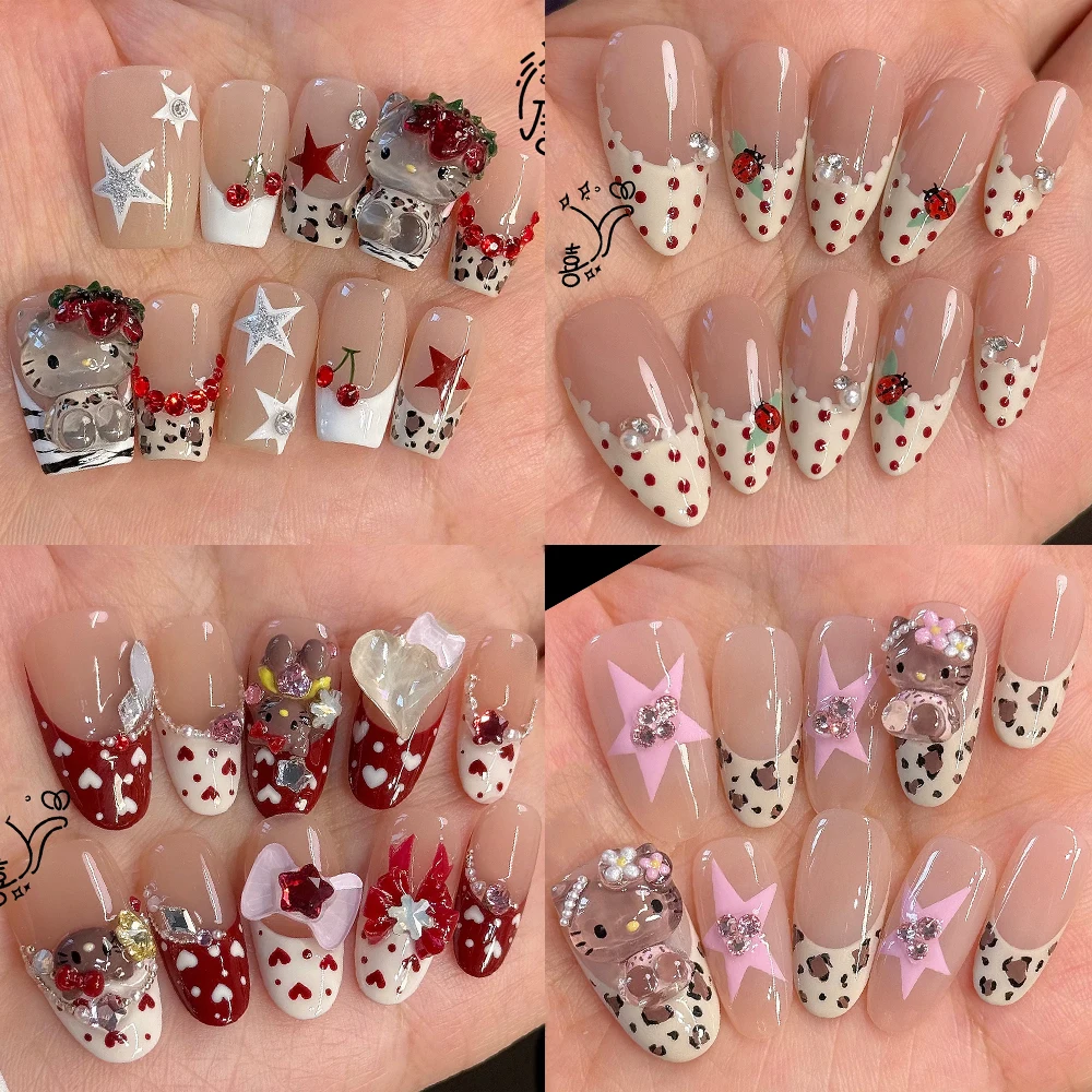 

10Pcs Sweet Cute Sanrio Hello Kitty Bear Handmade French Leopard Print Press On Nails Diamond Bow Red Fake Nails Christmas Gift