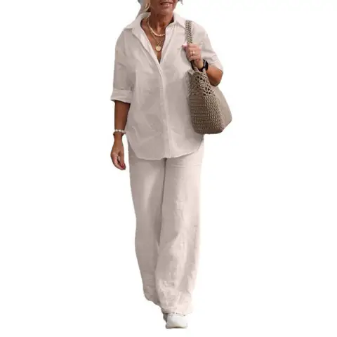 Women Cotton Linen Pants Sets 2 Pieces Casual Button Long Sleeve Blouse Shirts & High Elastic Wide Leg Trousers Suits