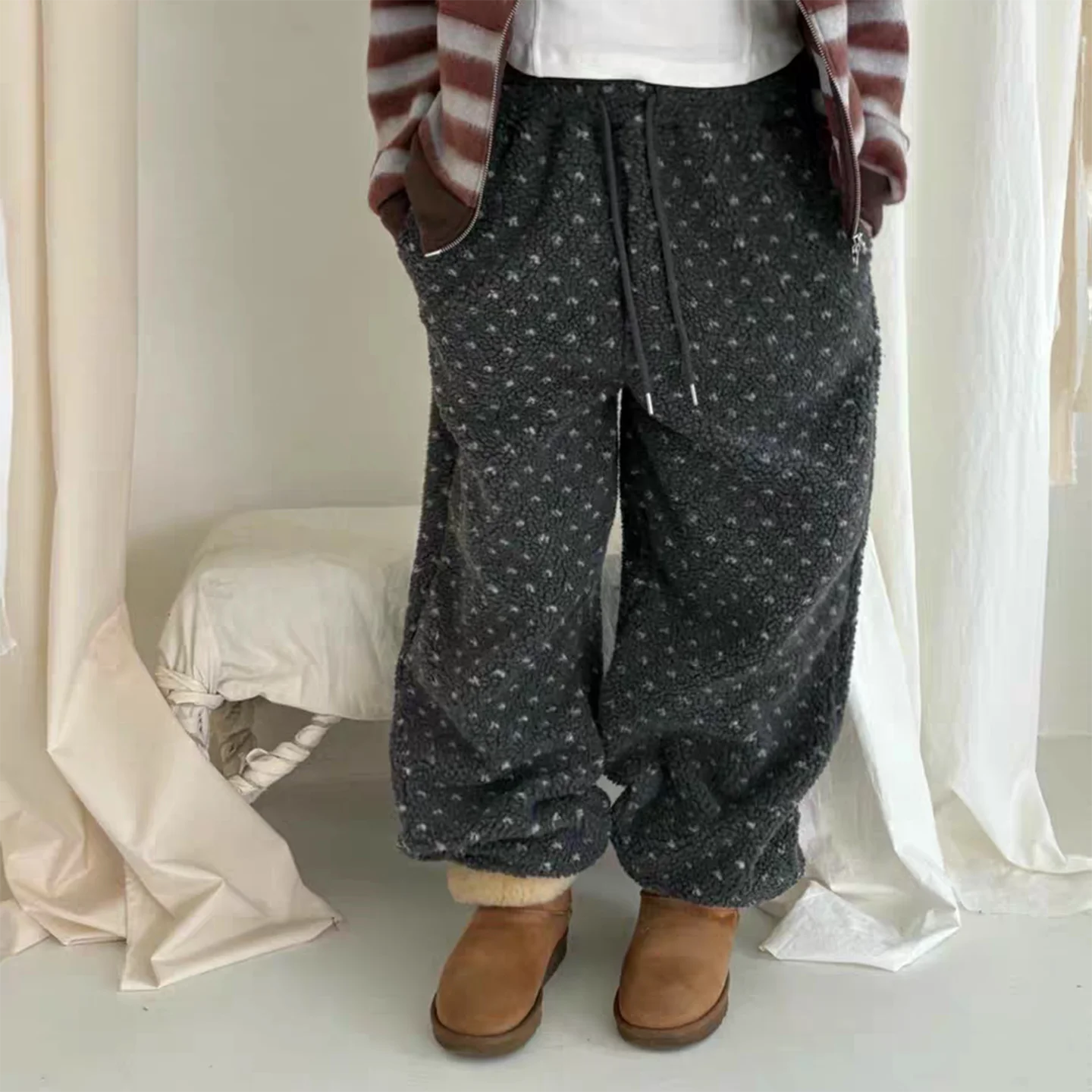 Autumn Winter Casual Heart Shaped Drawstring Fleece Loose Cuffed Long Pants High Waist Wide Leg Pants for Women