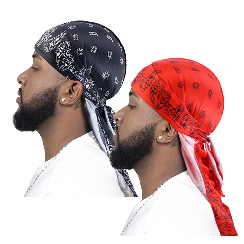 2PCS/LOT Men\'s Turban Hat Printed Wigs Durag Biker Headwrap Pirate Hats Cap For Men Hair Accessories Long Tail Straps Bandanas