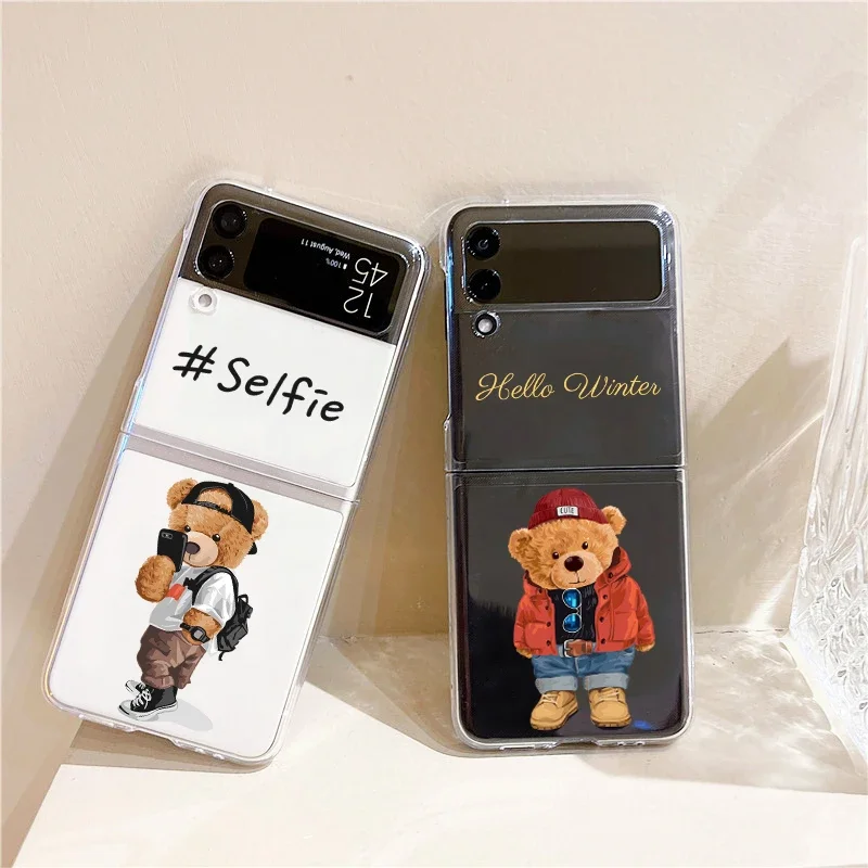 Cute Transparent Phone Case For Samsung Galaxy Z Flip 6 Fashion Brand Bear Hard PC  Cover For Galaxy Z Flip 5 4 3 Trend Shell