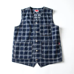 Heavyweight Check Denim Workwear Vest for Men Vintage Japan Amekaji Casual Deep Blue Multi Pockets Vest High Quality Youth Male