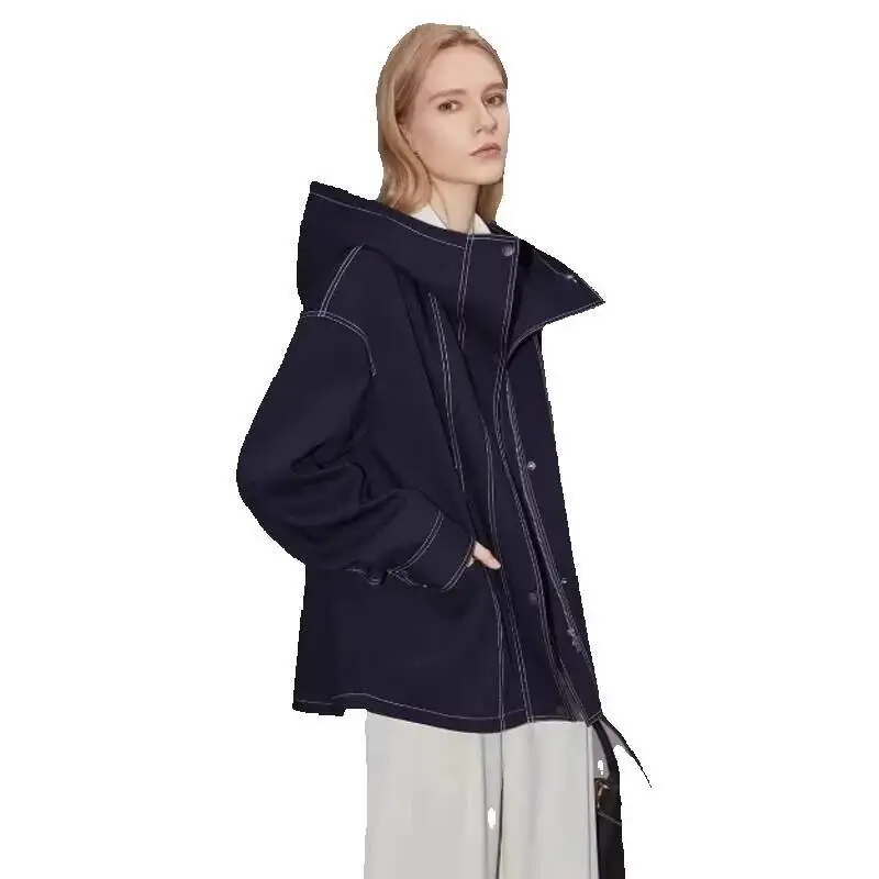 

HUISONG Hooded Color-Block Trench Coat for Women 2025 Autumn New Design Simple Loose Elegant Short Top High Street Style Cool