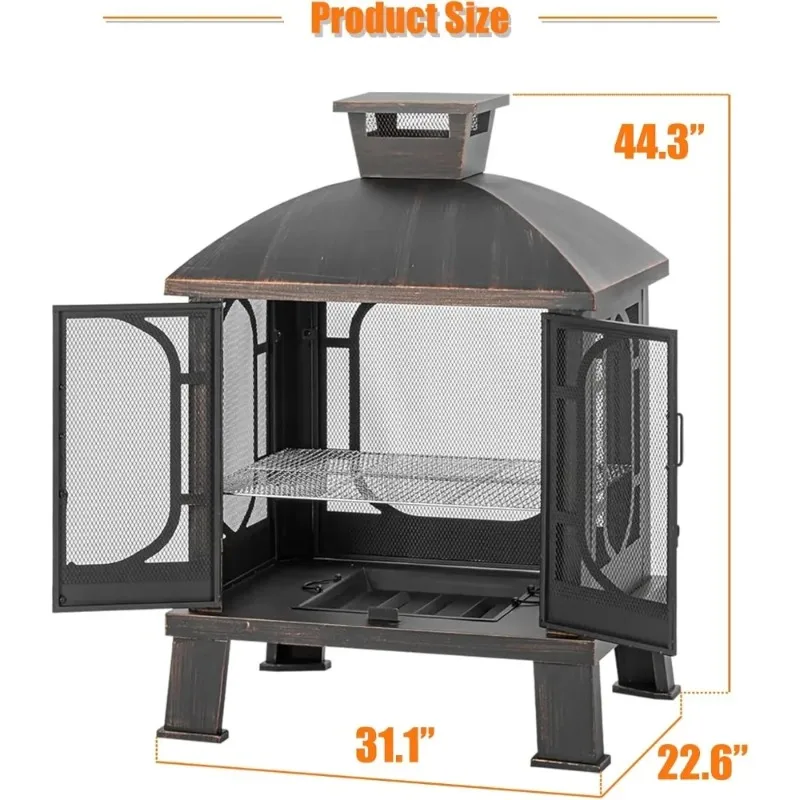 

Square Chimineas Fireplace with Mesh Screen .Metal Fire Pit with Grill, Wood Burning Fire Pits for Outside,