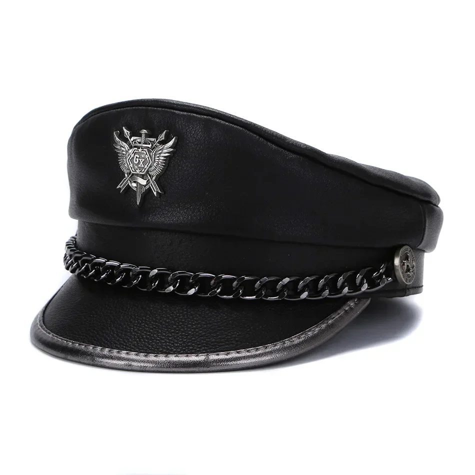 2025 frühling männer Echte Leder Armee Hut Männlich Flache Top Abzeichen Lokomotive Retro Military Caps Studenten Punk Kortikale Kette Gorra – Detail 4