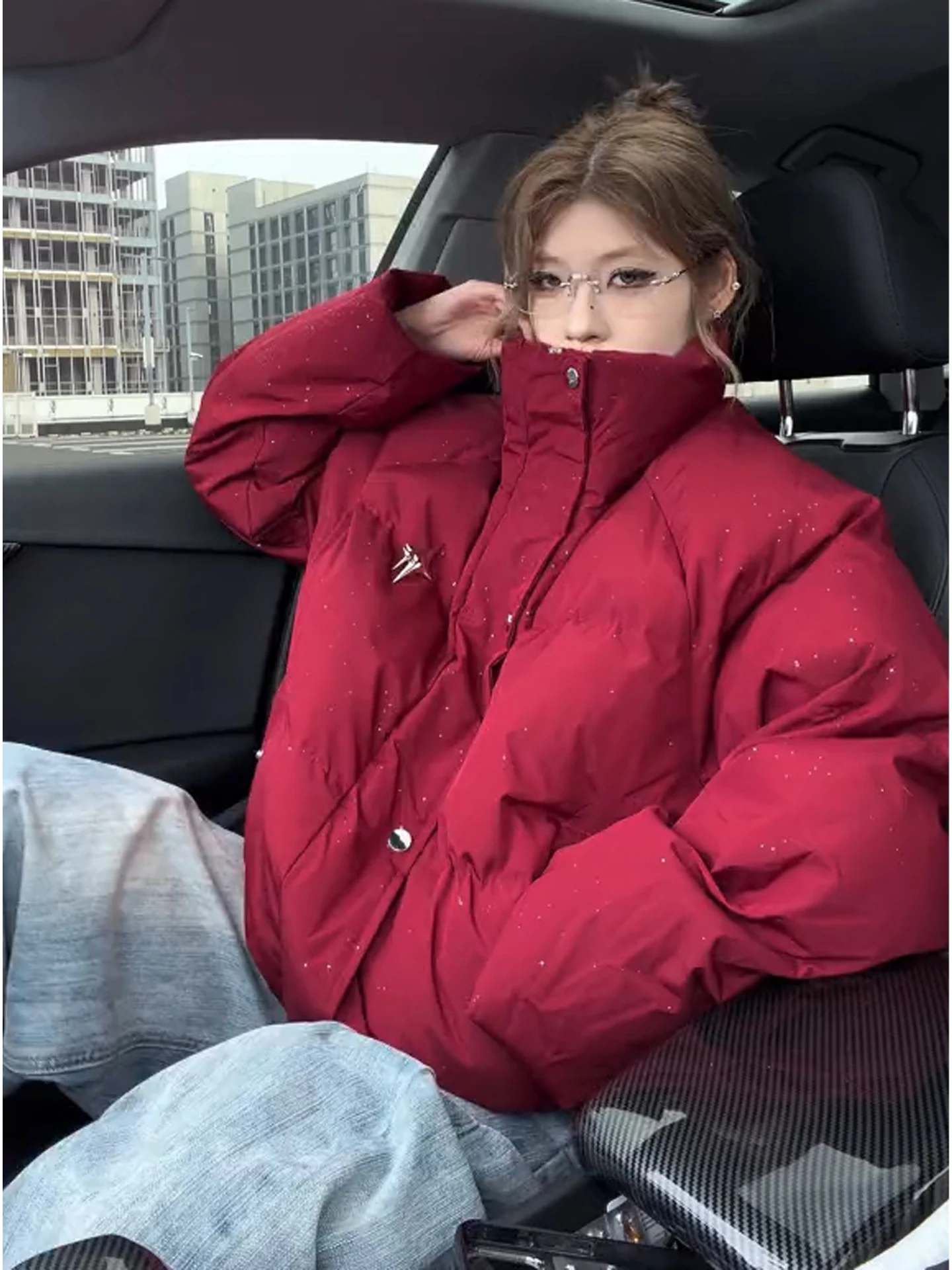 

Red Cotton Jaet for Men Thi Warm Winter Outerwear Oversize Bread Sle Stand Collar Couple Matching Chinese Zodiac Year