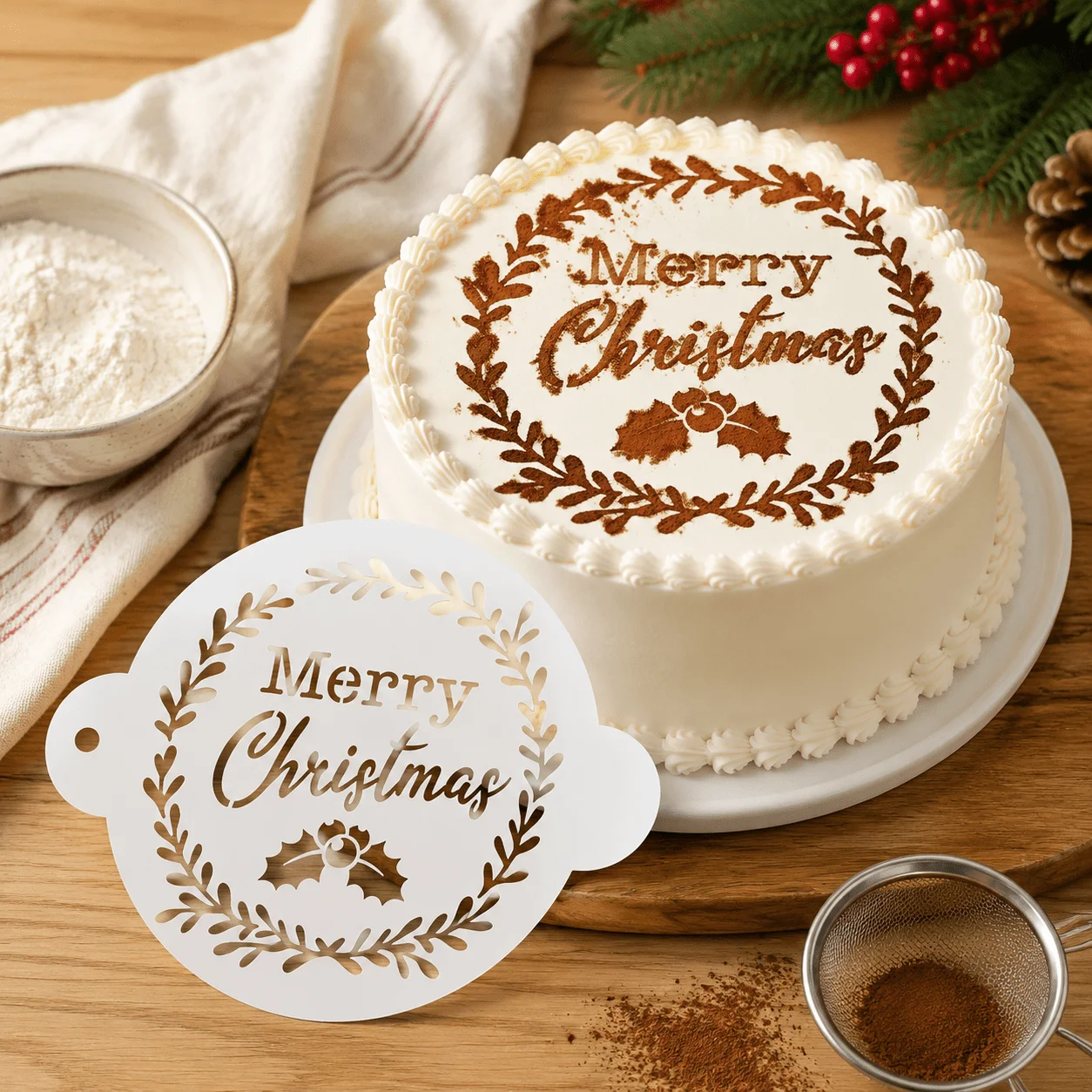 Round Christmas Holly‑Wreath Cake‑Top Stencil, Powder‑Spraying Hollow Template for Holiday Baking Decor