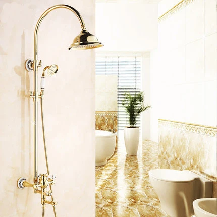 Shower Faucets Luxury Gold Brass Bathroom Shower Faucet Set Rainfall Head Single Ceramic Handle Tub Mixer Shower Tap S