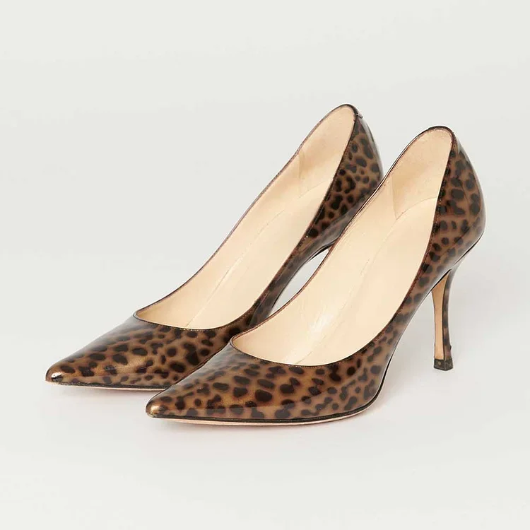 

Patent Leather Leopard Print Pointed Toe Pumps Heels in Brown