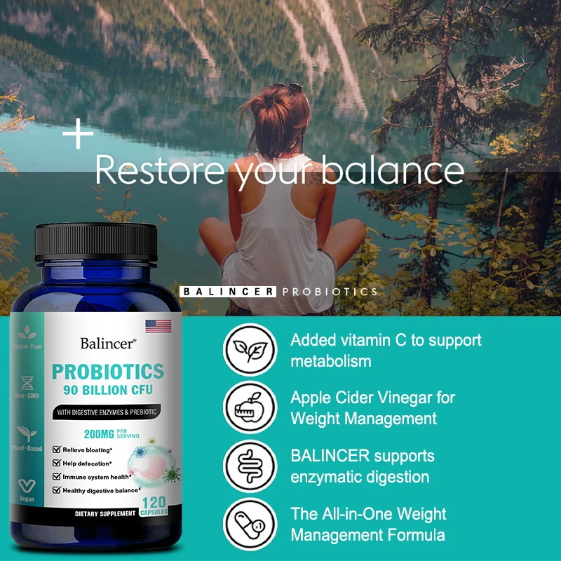 CFU Probiotic Balincer مع الأمعاء Digeful ، ودعم الانتفاخ ، وتحسين المناعة والهضم ، والإنزيمات والبريبيوتيك ، 90 مليار