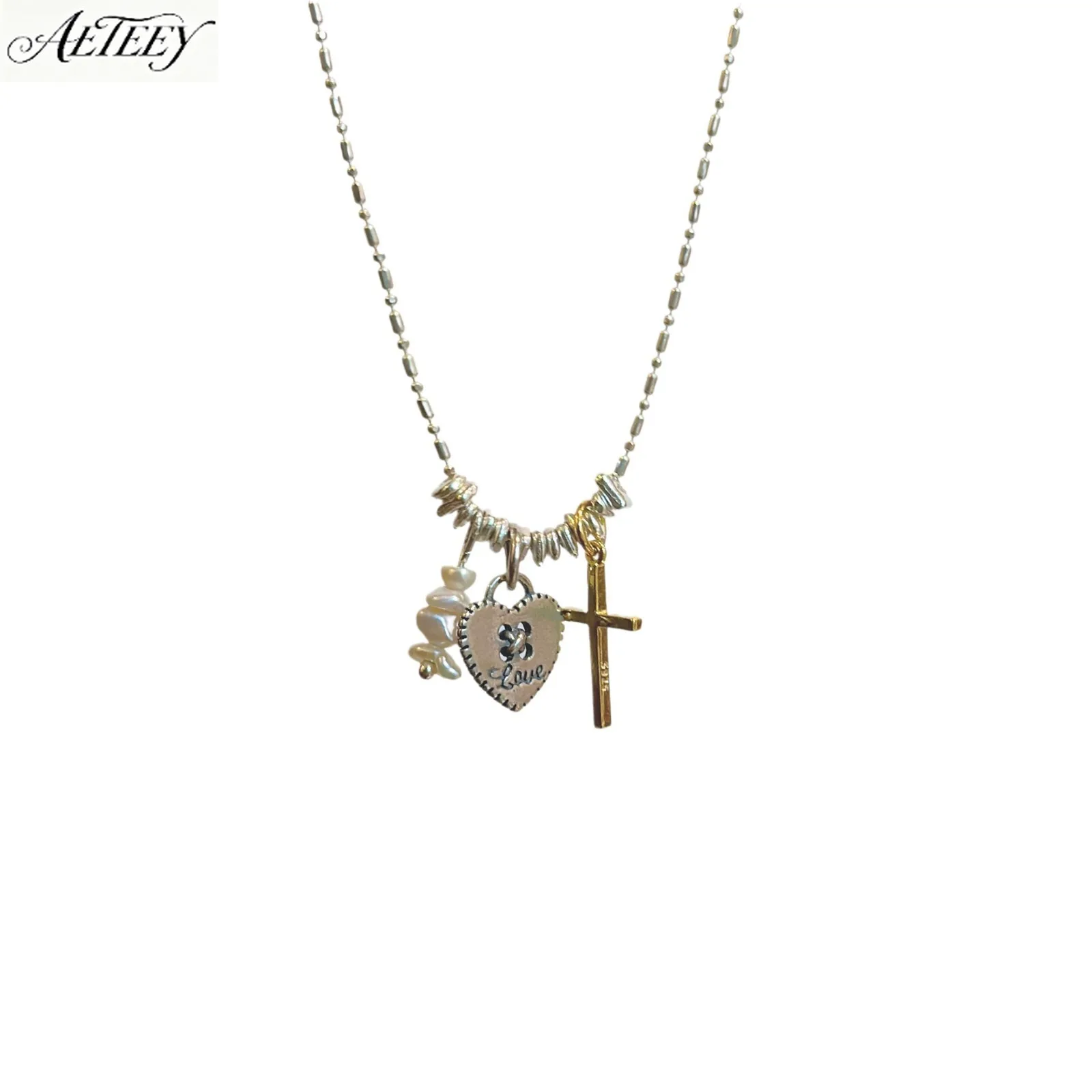 AETEEY S925 Sterling Silver Broken Silver Cross Heart Necklace Stackable Niche Women Clavicle Jewelry