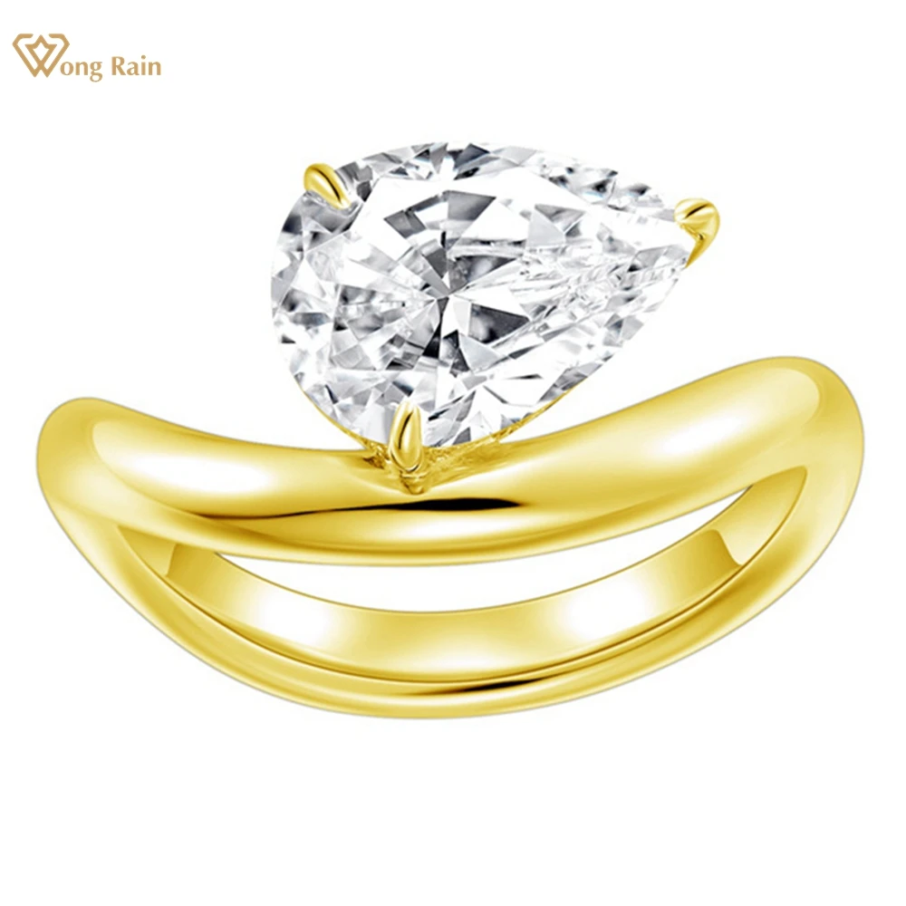 Wong Rain Vintage 18K Gold Plated 925 Sterling Silver Pear Cut Lab Sapphire Gems Wedding Ring Jewelry for Women Engagement Gifts