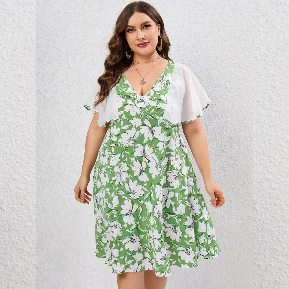 

ROSEGALPlus Size Sheer Flutter Sleeves Floral Printed Dress Women Spring Summer High Waist V-Neck Casual Dresses Vestidos Green