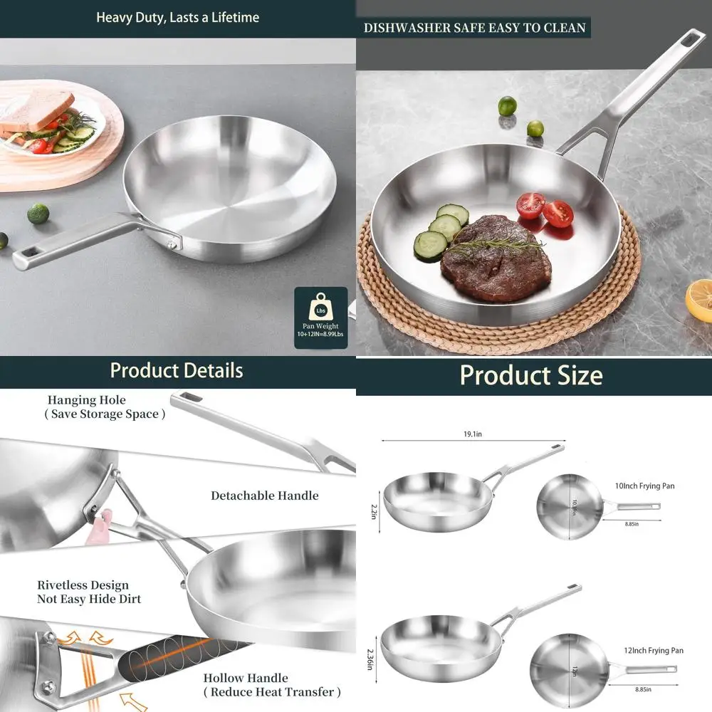 

2-Piece Stainless Steel Pan Set: 10 & 12 Frying Pans with Lids, Fully Bonded, Oven & Dishwasher Safe, All Cooktops Compatible Up