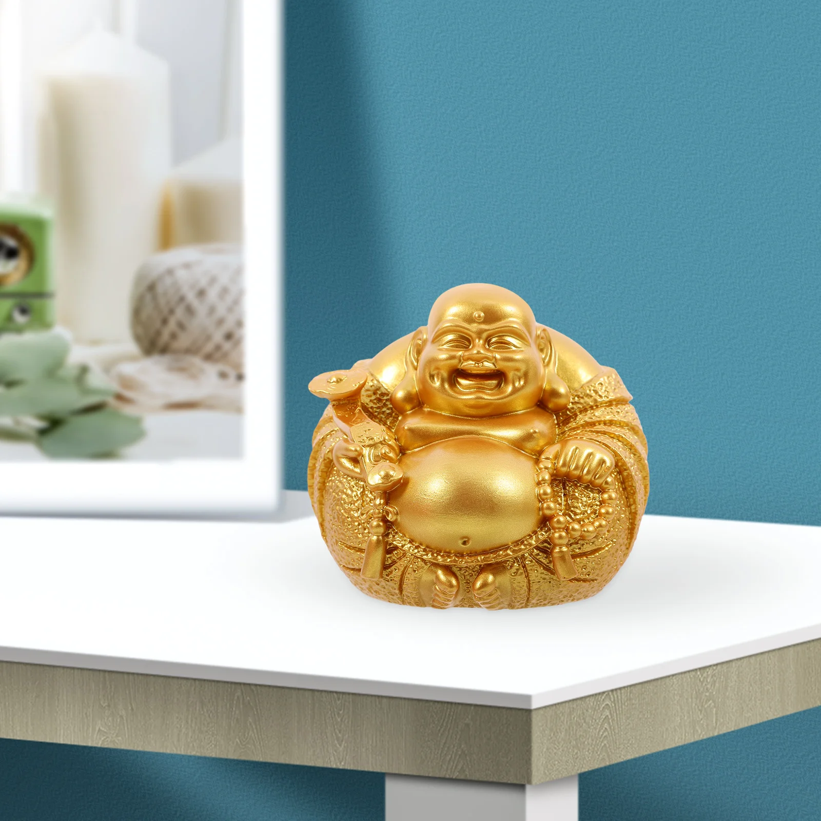 

Golden Laughing Buddha Statue Resin Home Office Decor Elegant Traditional Desk Adornment Vintage Craft