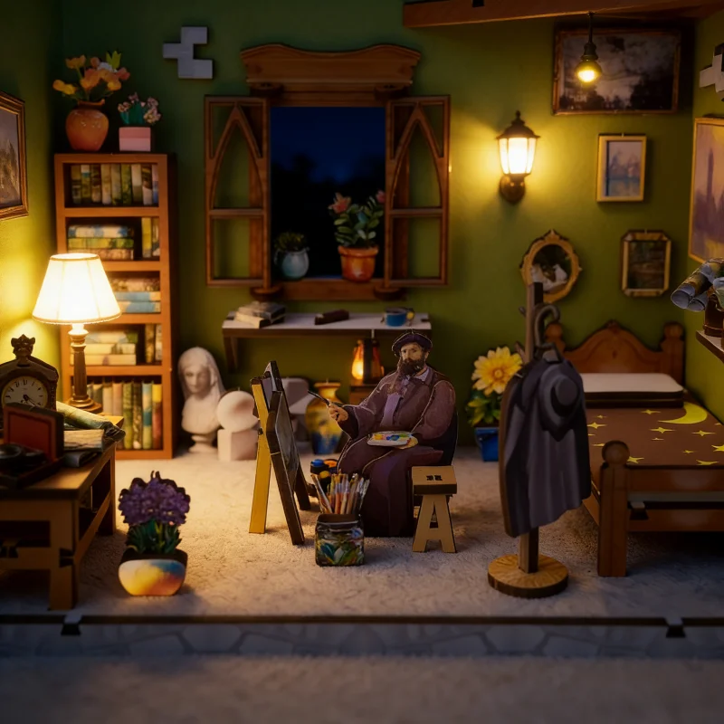 OUZEY Impressionist Art Studio DIY، غرفة خشبية مصغرة ثلاثية الأبعاد، مجموعة أدوات رسام Atelier للمراهقين #5