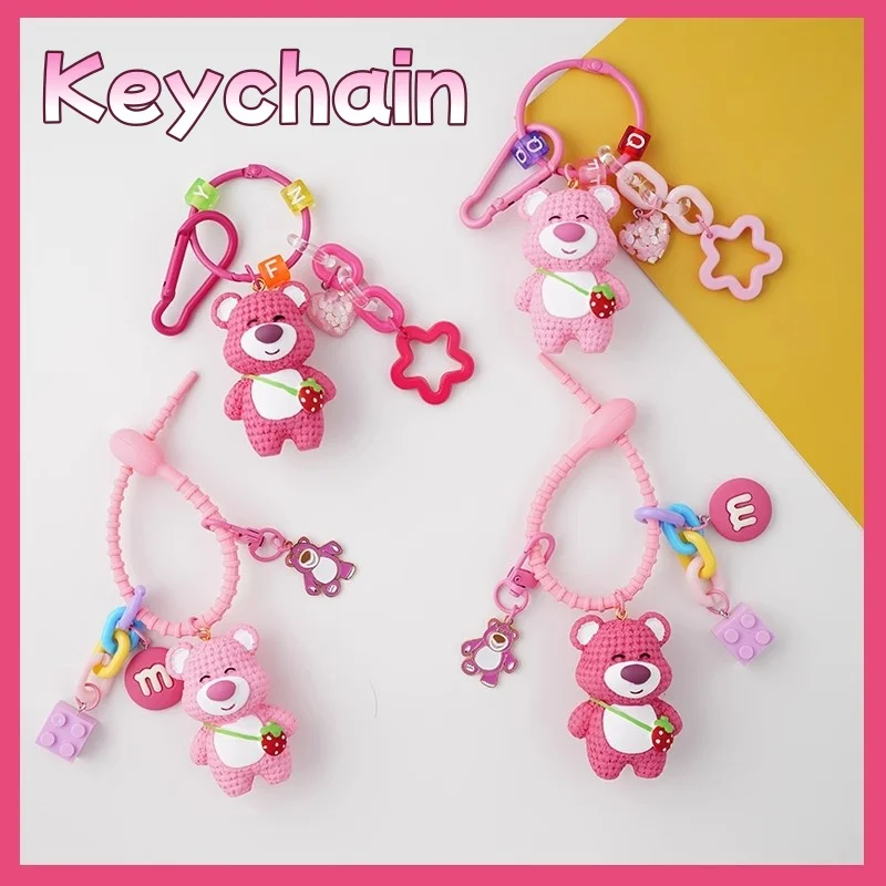 

Disney Kawaii rainbow strawberry bear keychain for women backpack hanging couples car key pendant keychain children
