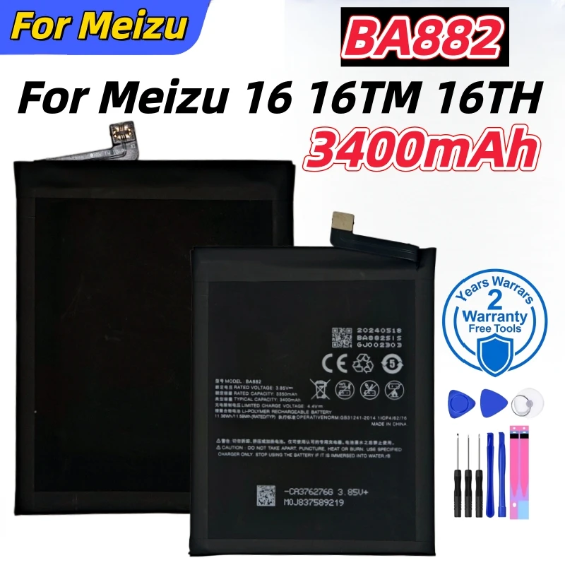 

Lithium battery High Quality 3400mAh BA882 Battery For Meizu 16 16TM 16TH Phone Latest Production Batteries Bateria+Tools
