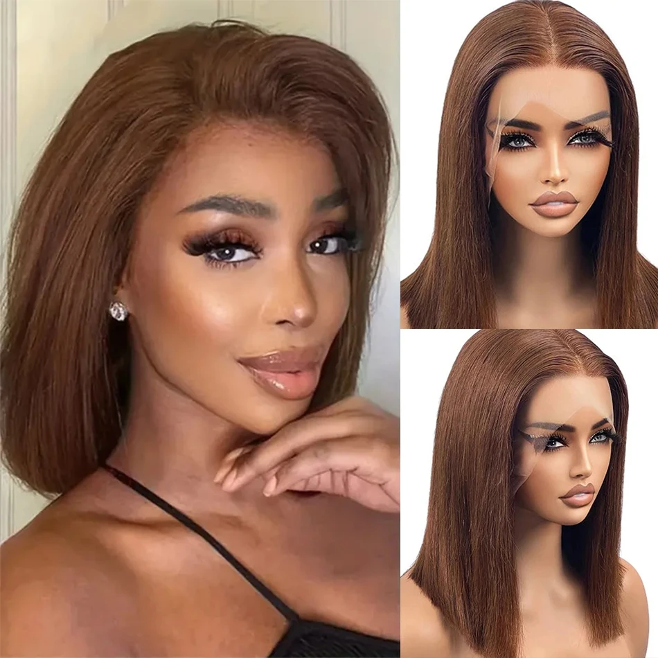 

Chocolate Brown Short Bob Wig Straight Lace Front Human Hair Wigs For Women Brazilian Remy Hair Colored Lace Frontal Wig On Sale