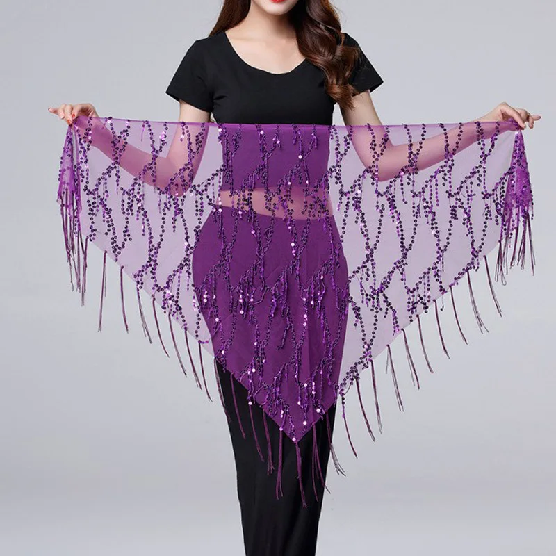Belly Dance Hip Scarf with Sequins Fringe Triangle Shape Performance Practice Waist Chain Accessories for Women