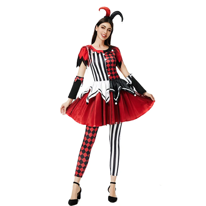 NEW Lady Colorful Circus Clown Costume Naughty Harlequin Joker Cosplay Carnival Halloween Fancy Dress Party