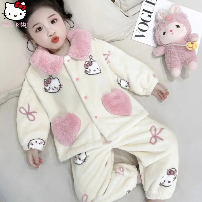 الأطفال مرحبا كيتي الدافئة بيجامة مجموعة الكرتون Kawaii فتاة سانريو الخريف والشتاء جديد أنيمي الأطفال التلبيب سميكة المنزل دعوى