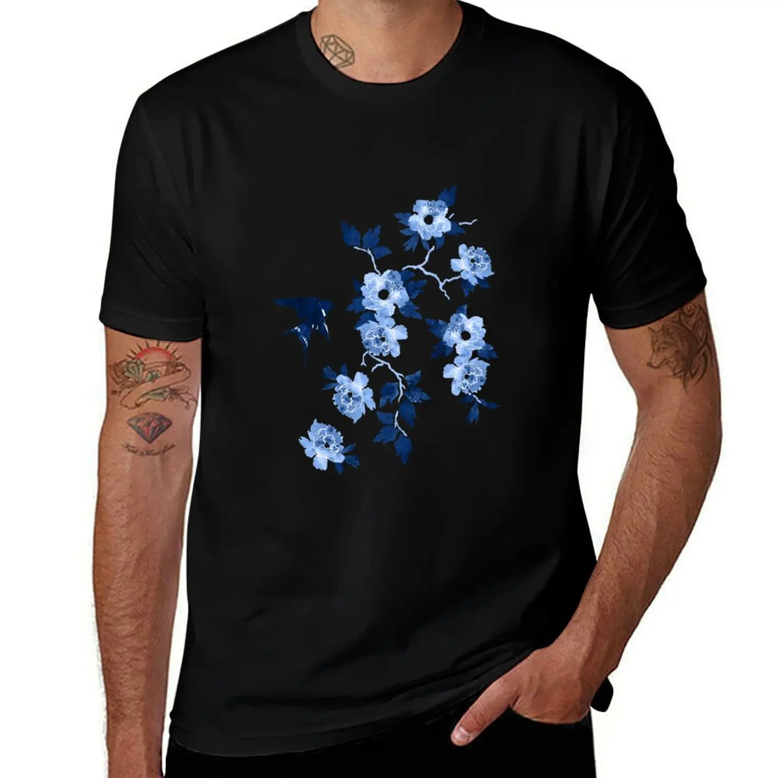 Oriental peonies in sapphire blue T-Shirt man t shirt graphic T-Shirt