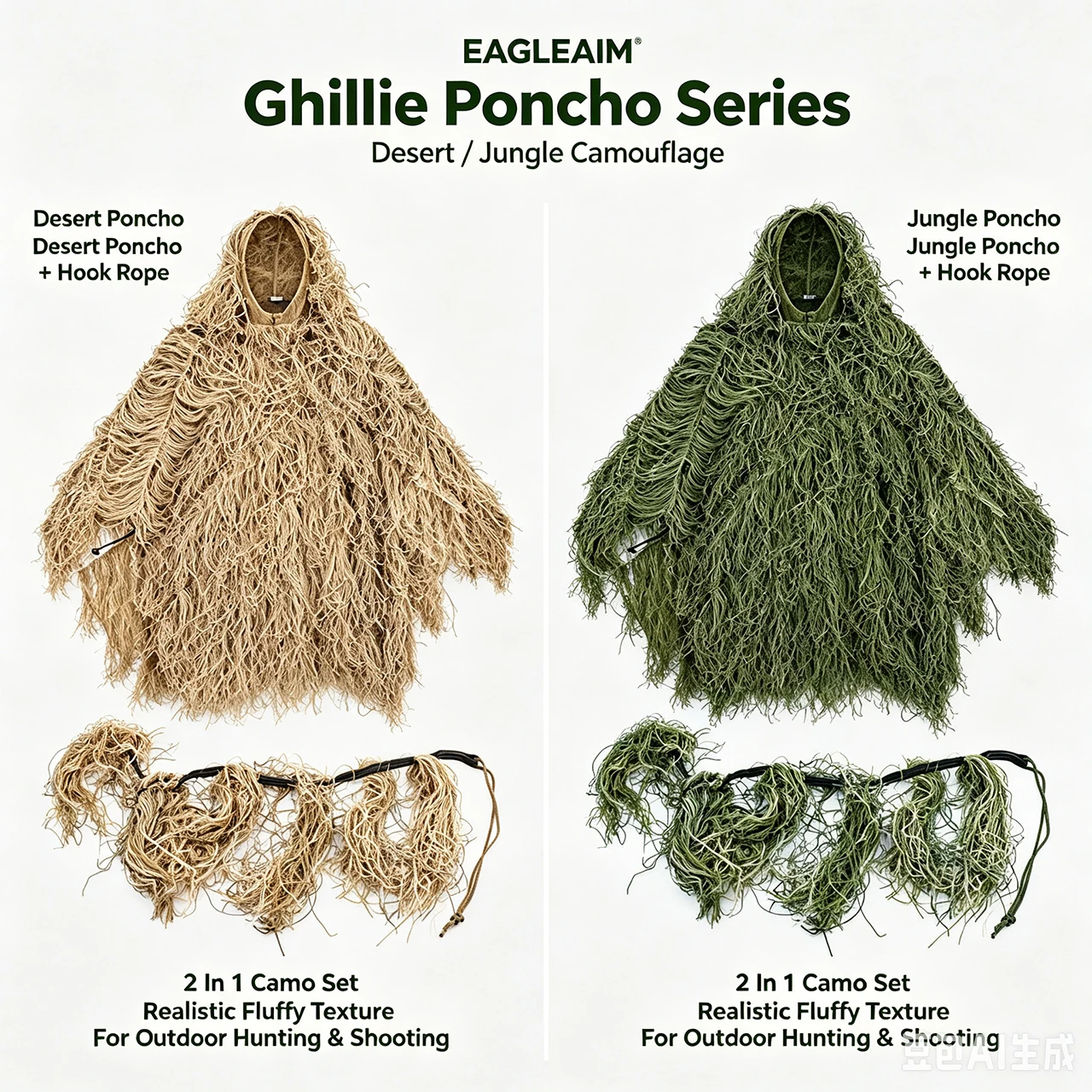 EAGLEAIM 2 In 1 Ghillie Suit Poncho Set, Camo Ghillie String Wrap For Rifle Bow Outdoor Hunting Snipe Concealment Ghillie Poncho