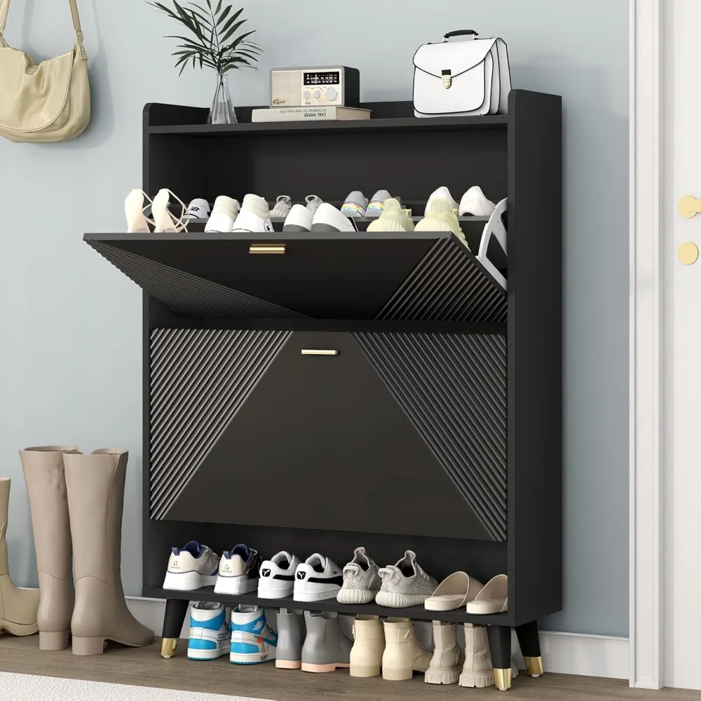 

Shoe Storage Cabinet with 2 Flip Drawers, Slim Wooden Freestanding Shoe Cabinet with Cubby and Shelf, Hidden Narrow Shoes Rack O