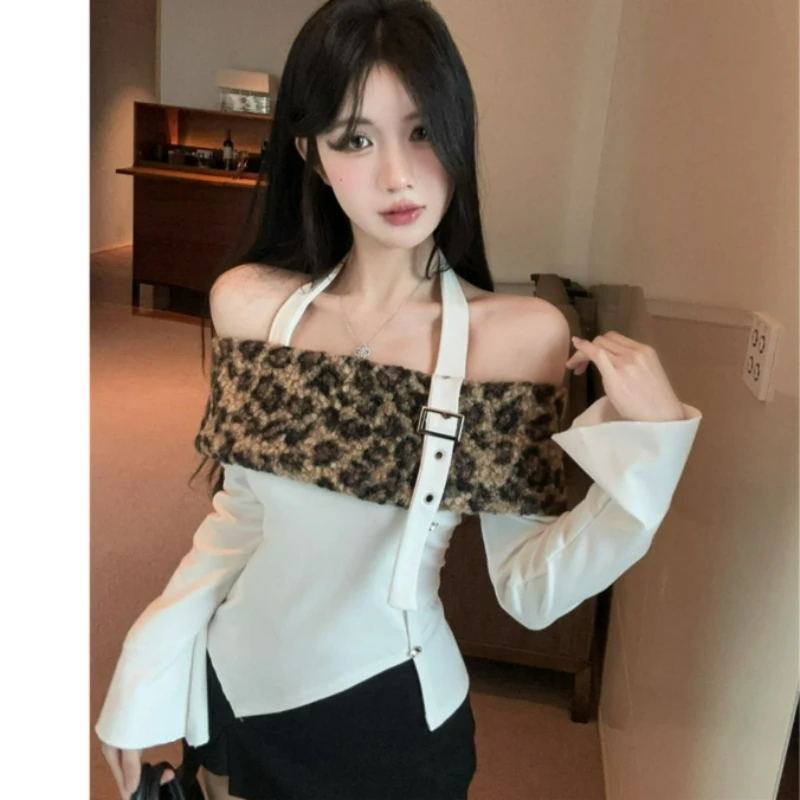 

2026 Autumn Fashion Korean Hot Girl Style Off-the-shoulder Patchwork Halter-neck Irregular Leopard Print Short T-shirt for Women