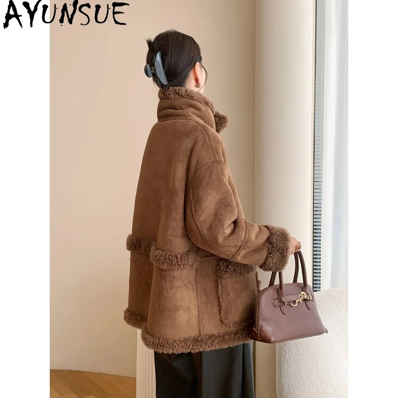 معطف صوف 100% من AYUNSUE للنساء عالي الجودة متوسط الطول سترة شتوية للسيدات معطف فرو قابل للعكس ملابس نسائية سترات دافئة