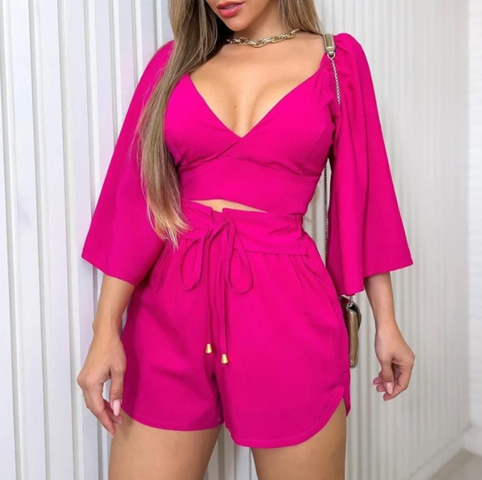 Casual Two-Piece Women's V-Neck Backless Bat Sleeve Shirt, High Waisted Drawstring Shorts, Fashionable Casual Set