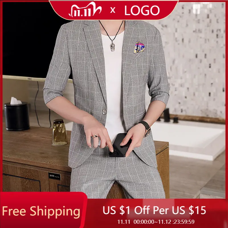 

2023 Summer High-quality New Men's Korean Version of Slim Mid-sleeve Small Suit Night Scene Handsome Mid-sleeve Two-piece Set