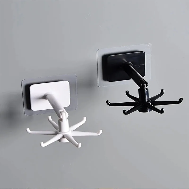 360 degree rotatable black and white non perforated six claw hook kitchen spoon storage wall mounted clothes hanger