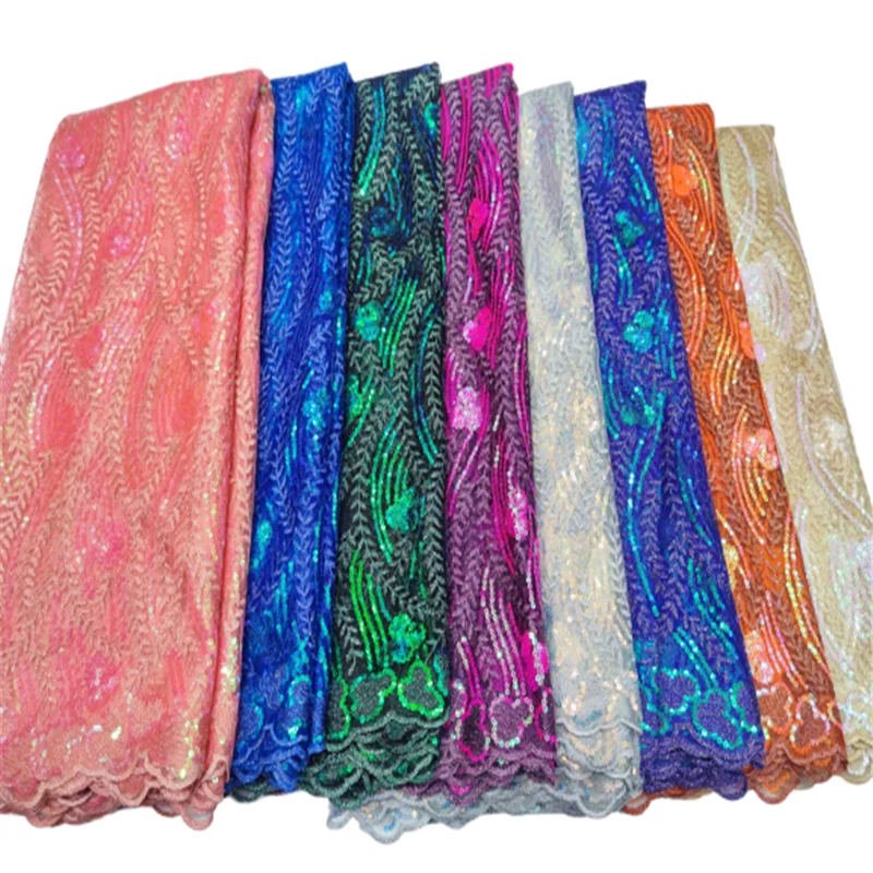 

African Lace Fabric 2022 High Quality Elegant Nigerian Sequins Net Embroidered French Tulle Lace Fabric 5 Yards For Sew Clothes