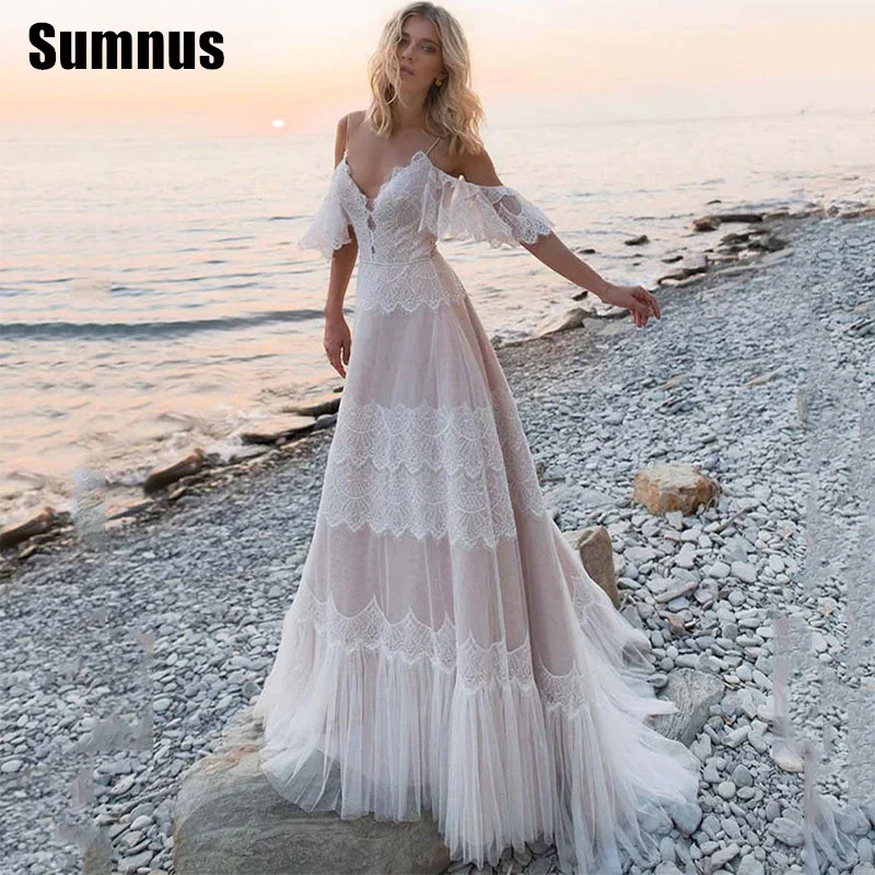 

Sumnus Lace Wedding Dresses Spaghetti Strap A-Line Bridal Gowns Beach Bride Dress Elegant Backless Bridals Gown Customized