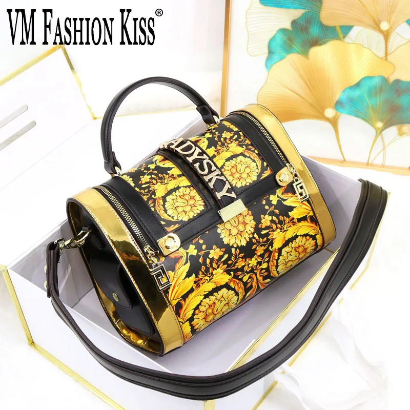 Women Boston Bag Printed Pattern Handbag Large Capacity Shoulder Crossbody Bag Double Zipper Half Cover Style Top Handle Bag